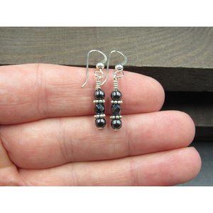 Sterling Silver Small Hematite Stone Dangle Earrings Vintage Wedding Engagement